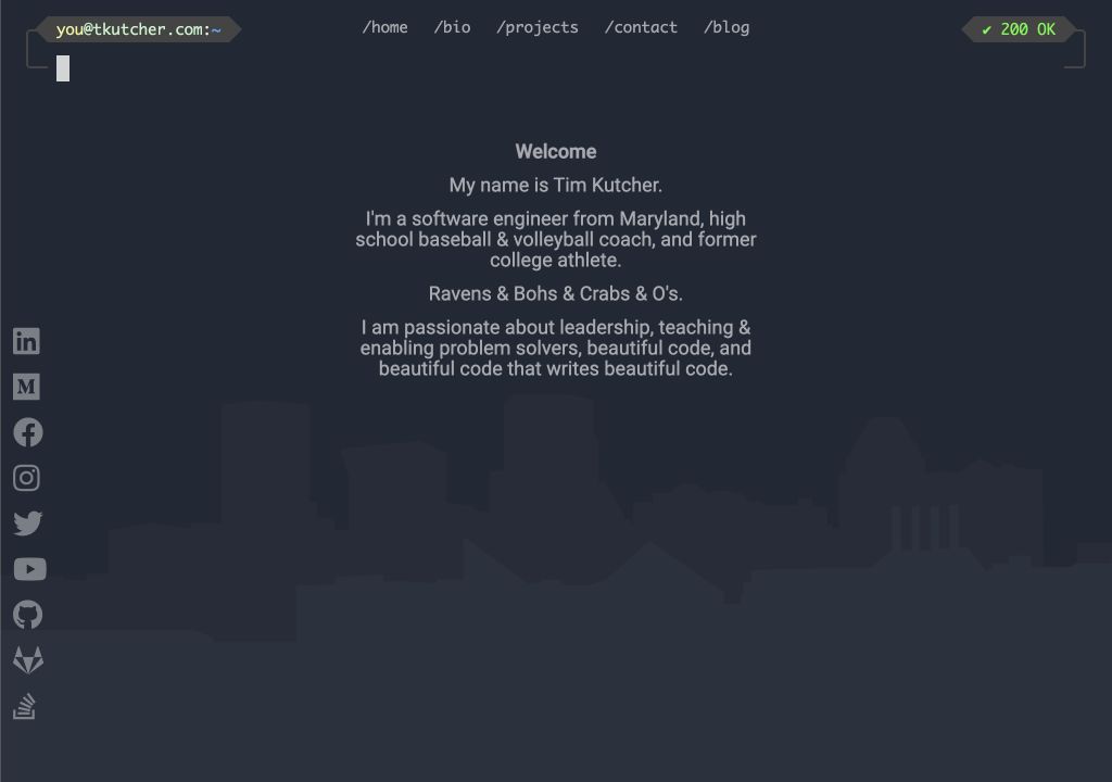 Screenshot of the original terminal-inspired tkutcher.com homepage