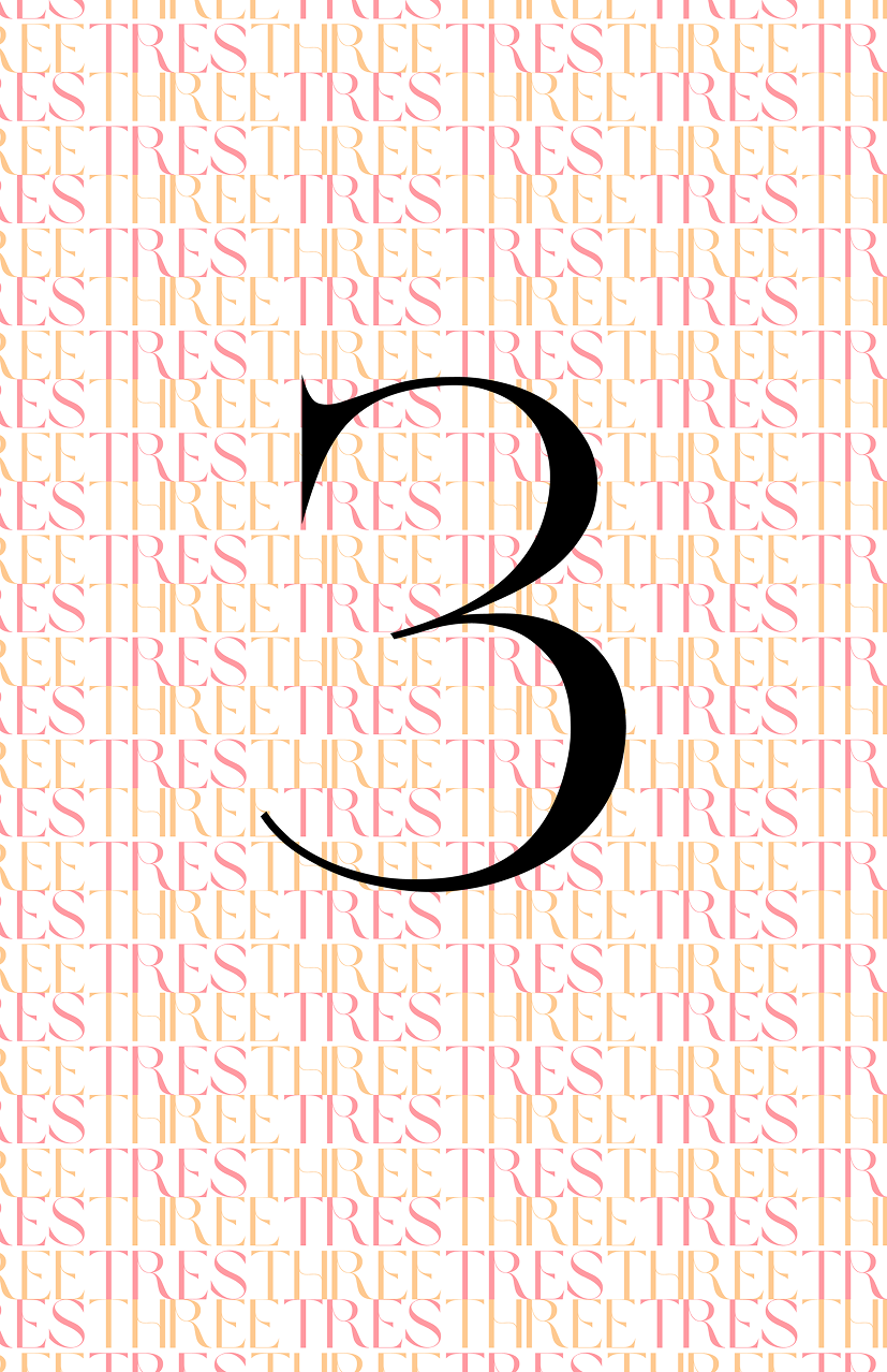Table number three with a repeating three and tres typographic pattern